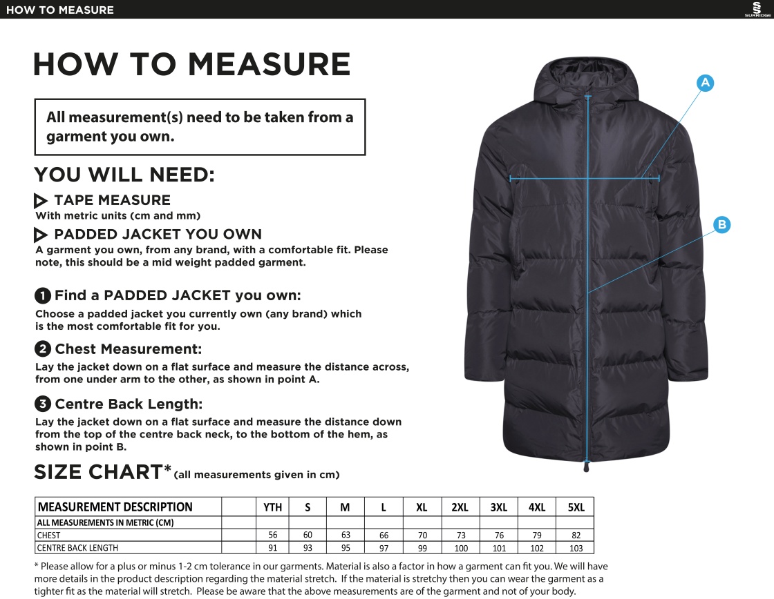 Active Long Padded Jacket - Black - Unisex Fit - Size Guide