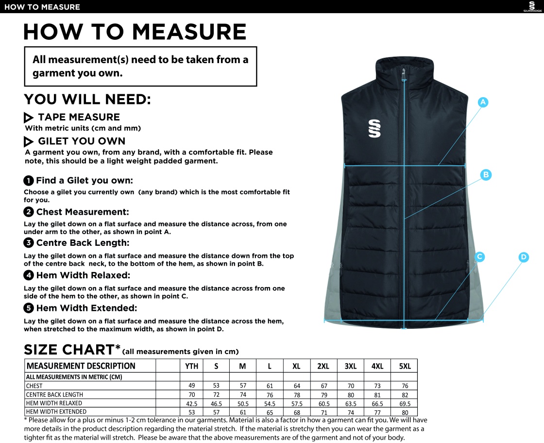 Padded Bodywarmer - Black - Unisex Fit - Size Guide