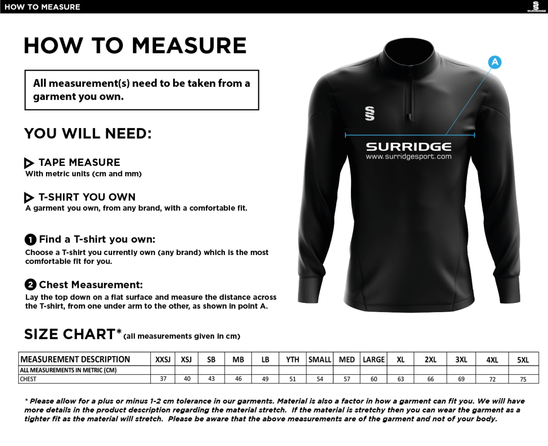 1/4 Zip Dual Performance Top - Black - Unisex Fit - Size Guide