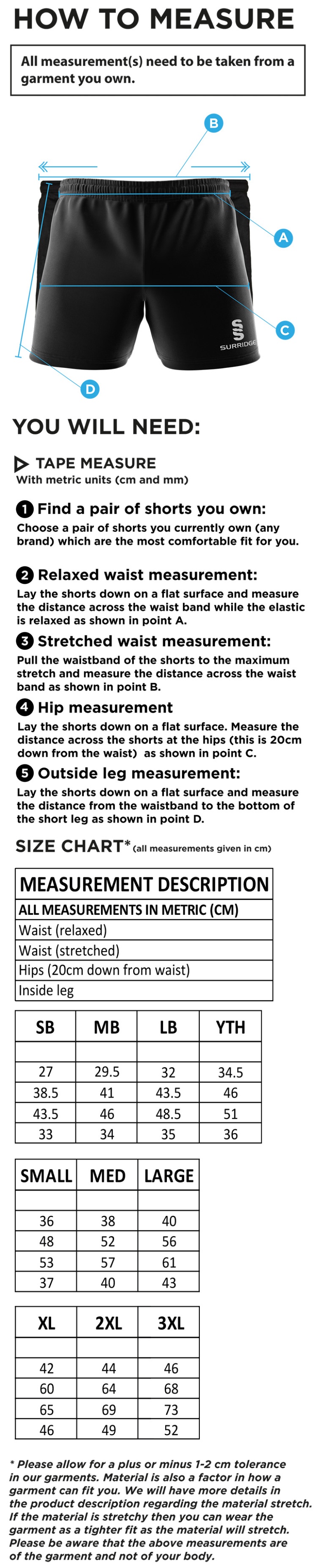 Performance Gym Short - Black - Unisex Fit - Size Guide