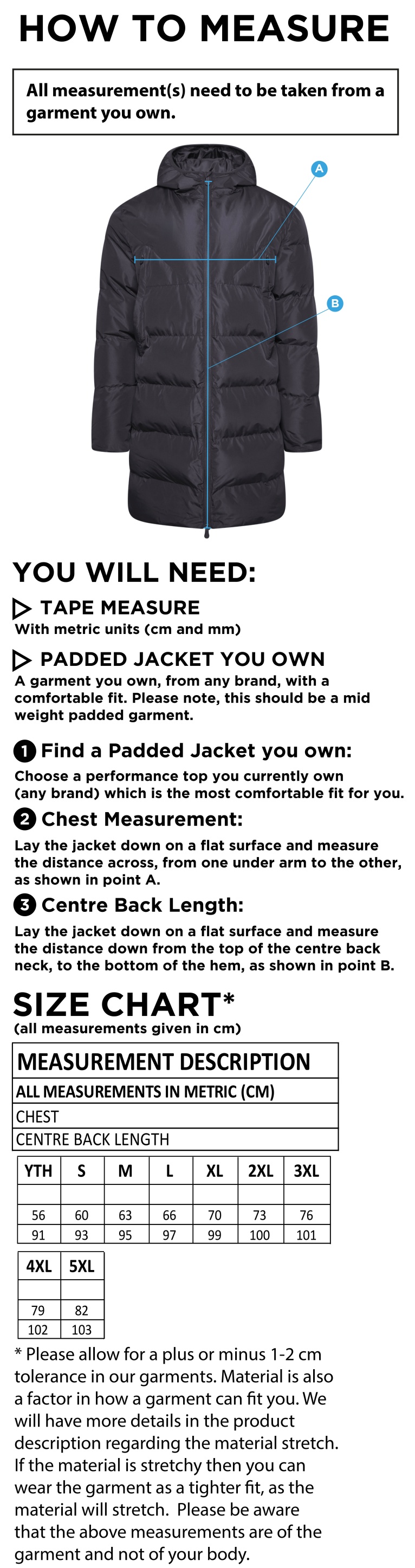 Active Long Padded Jacket - Black - Unisex Fit - Size Guide